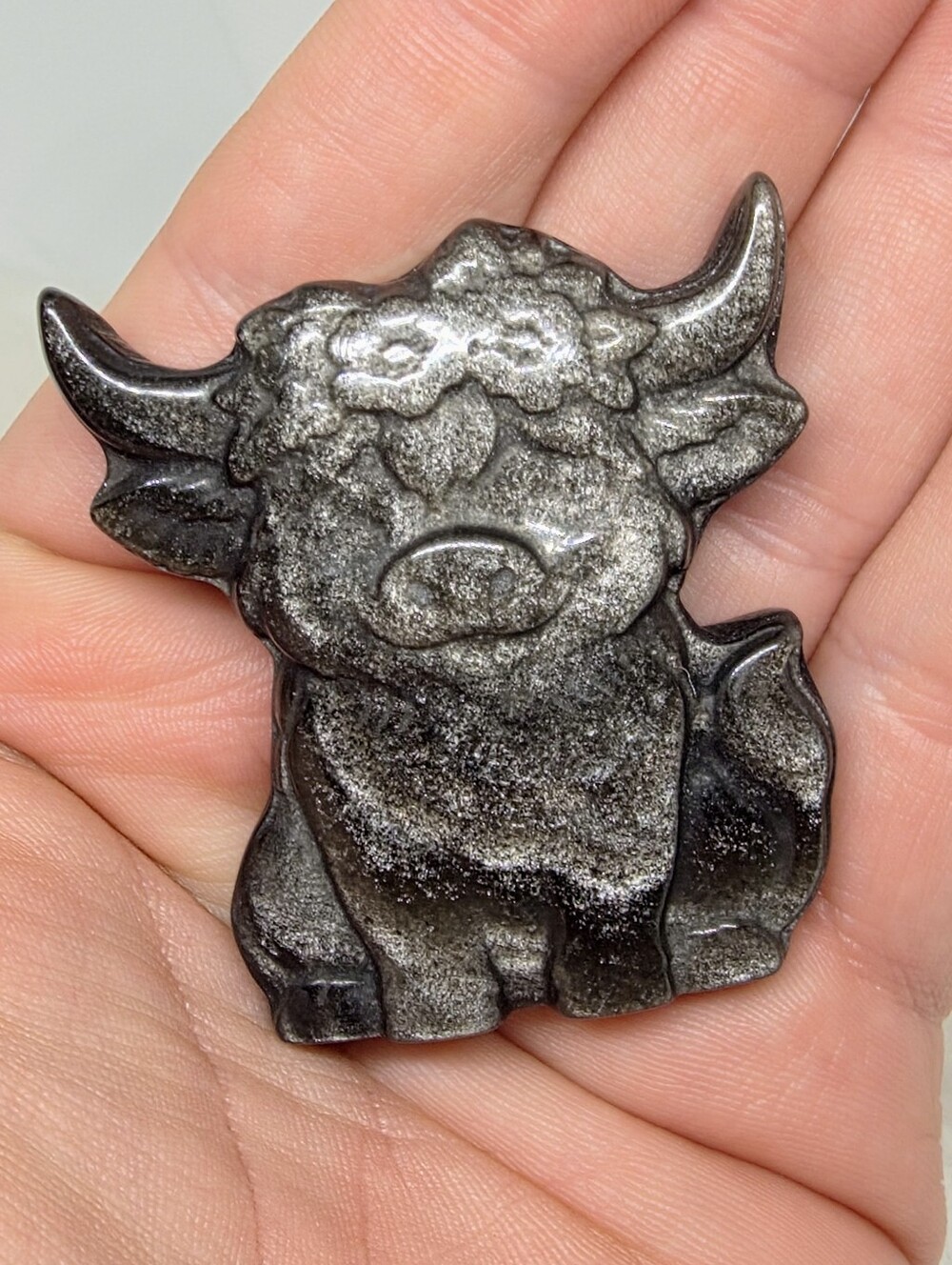 Silver Sheen Obsidian Highland Cow Crystal Carving | Mini Cow Figurine